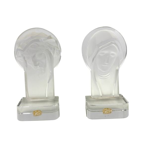 VTG Czech Bohemia Glass Crystal Mary & Jesus Frosted Figures 1970's Set Bookend